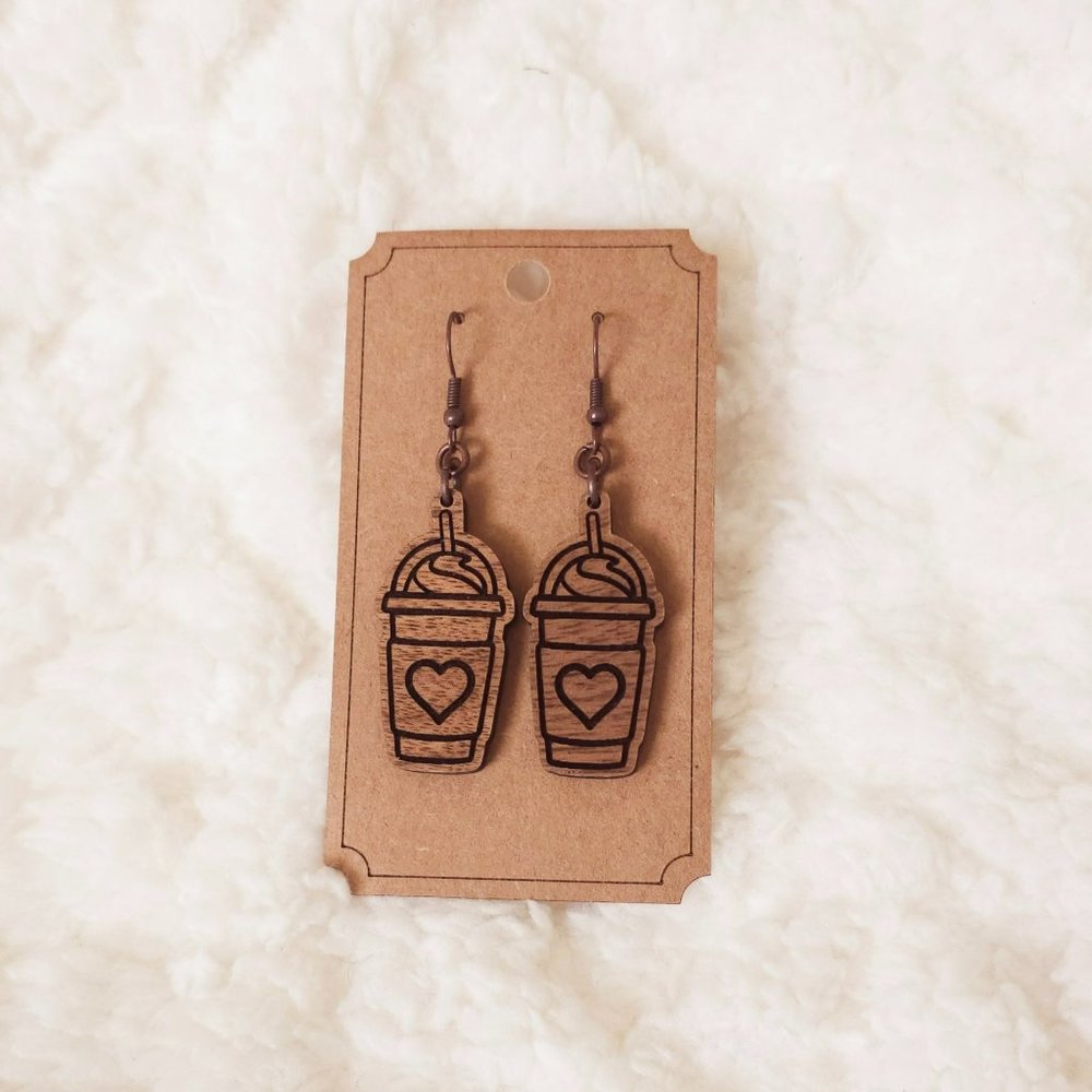5/$25 Iced Coffee Frappuccino Earrings Dangle Wooden w/Heart